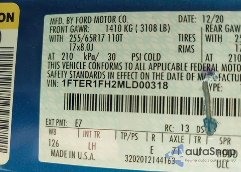 2021 Ford Ranger Xl z USA, uszkodzony, nr VIN 1FTER1FH2MLD00318